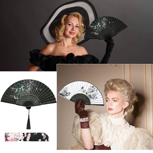 Bamboo Silk Black White Decorated Hand Fan - Picture 5 of 5